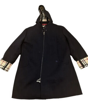 Burberry Coat Women Size US 18 - Wool Navy Blue Nova Check Hooded Authenticated